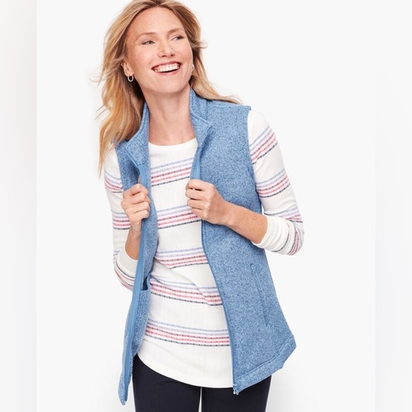 T‎ by Talbots Textured Terry Fleece Vest Blue Heather Pockets Outdoor Cozy LP - Picture 1 of 12